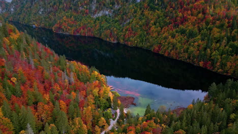 Aerial-view-of-a-beautiful-lake-in-middle-alpines-and-European-fall-foliage