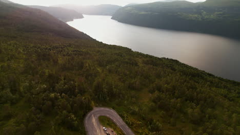 Norway-Scenery-and-Landscape-of-Innvikfjorden-Fjord-and-Mountain-pass,-Aerial-Bakkane-Viewpoint