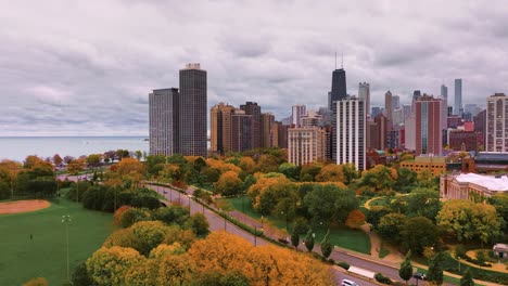 Chicago-Laub-Aus-Dem-Lincoln-Park-Mit-Blick-Nach-Süden,-Luftaufnahme