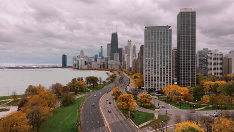 Chicago-Lake-shore-drive-aerial-view-with-fall-foliage