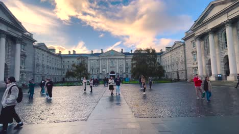 A-4K-moving-walking-look-at-the-entrance-on-leaving-Trinity-College-University-at-College-Green-Dublin-Ireland