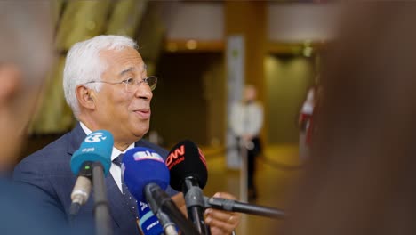 Portuguese-Prime-Minister-António-Costa-giving-a-statement-at-the-European-Council-summit-in-Brussels,-Belgium---Close-shot