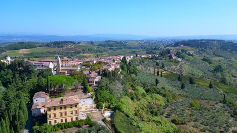Gorgeous-aerial-top-view-flight-Tuscany-Medieval-Village-Mediterranean-Wine-growing-region-speed-ramp-Hyperlapse-motionlapse-timelapse