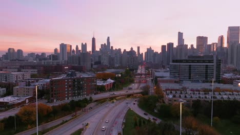 Chicago-aerial-view-of-expressway-with-traffic-at-sunrise