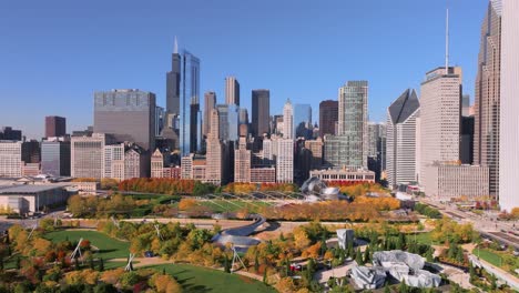 Chicago-Millennium-Park-aerial-view-panning-shot-during-autumn