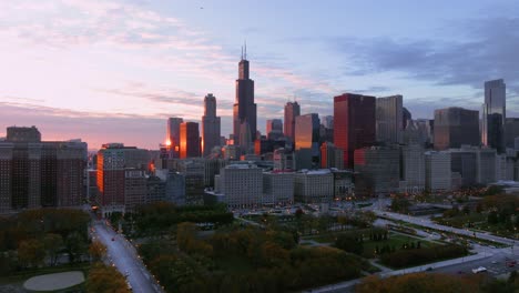 Chicago-skyline-with-Sears-tower-at-sunset-from-Millennium-Park-aerial