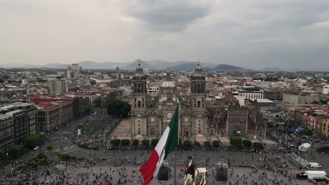 Aerial-View-of-Mexico-City-Cathedral-During-Day-of-the-Dead,-Cloudy-Sky,-Monumental-Tribute