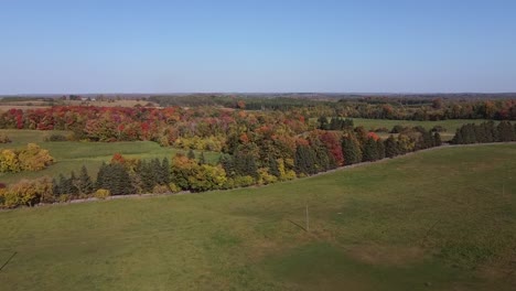 Aerial-Shot-Of-Agricultural-Farmland-Surrounded-By-Fall-Colours