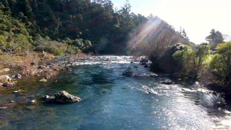 Idyllic,-beautiful-scenic-view-of-the-Ohinemuri-River-with-sunlight-in-rural-countryside-of-North-Island-in-New-Zealand-Aotearoa