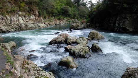 Scenic-view-of-fast-flowing-white-water-over-rocks-on-Ohinemuri-River-within-Karangahake-Gorge-in-North-Island-of-New-Zealand-Aotearoa