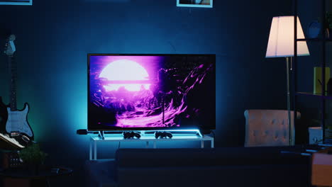Fernsehbildschirm-Mit-3D-Renderanimationen-In-Einem-Leeren,-Stilvollen,-Neonbeleuchteten-Heimstudio-Interieur