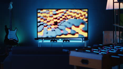 Close-up-shot-of-3D-rendered-animations-running-on-TV-screen-in-empty-house-with-warm-lighting