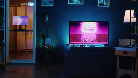 Schwach-Beleuchtetes-Wohnzimmer-Voller-Inneneinrichtung-Und-3D-Animationen-Im-Hintergrund