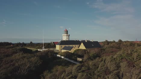 Hanstholm-Fyr,-Denmark---A-Panoramic-View-of-Lush-Surroundings-Encircling-the-Lighthouse---Aerial-Pan-Up