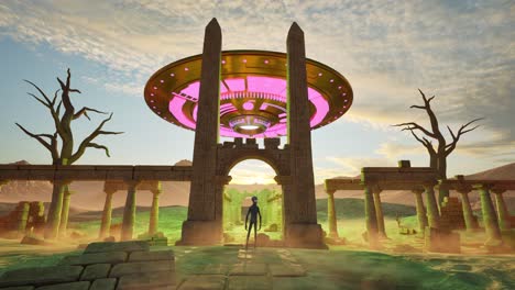 Ein-UFO,-Das-Bunte-Lichter-Wirft-Und-Bei-Sonnenuntergang-über-Antiken-Tempelruinen-Mit-Obelisken-In-Der-Wüste-Schwebt,-Mit-Einem-Außerirdischen,-Der-Untätig-Dasteht-Und-Schaut,-3D-Animation,-Animierte-Szenerie,-Kamera-Herauszoomt