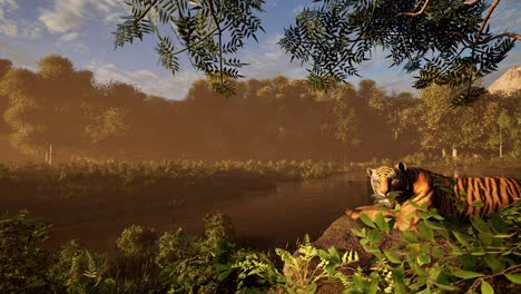 Ein-Tiger,-Der-Auf-Einem-Felsen-Neben-Einem-Fluss-Im-Dschungelwald-Ruht,-Mit-Dichter-Vegetation-Rundherum,-3D-Animation,-Animierte-Landschaft,-Tieranimation