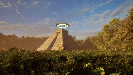 Ein-UFO,-Das-Bunte-Lichter-Wirft-Und-Bei-Sonnenuntergang-über-Den-Ruinen-Alter-Maya-Tempel-Im-Dschungel-Schwebt,-Mit-Einem-Außerirdischen,-Der-Untätig-Dasteht-Und-Schaut,-3D-Animation,-Animierte-Szenerie,-Kamerawagen-Hochgefahren