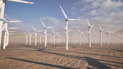 Wind-turbines-farm-in-the-desert-at-sunset,-3D-animation,-animated-scene,-camera-zoom-out