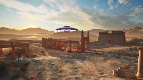 Ein-UFO,-Das-Bunte-Lichter-Wirft-Und-Bei-Sonnenuntergang-über-Antiken-Tempelruinen-In-Der-Wüste-Schwebt,-Mit-Einem-Außerirdischen,-Der-Untätig-Dasteht-Und-Schaut,-3D-Animation,-Animierte-Szenerie,-Statische-Kamera
