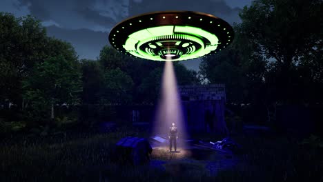 A-UFO-casting-colorful-lights,-hovering-above-a-man-in-black-standing-idle-on-a-forest-clearing,-3D-animation,-animated-scenery,-camera-dolly-up