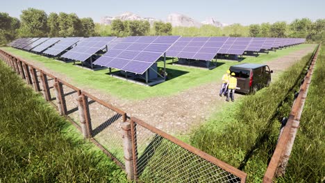 A-solar-park,-solar-farm,-photovoltaic-power-station-with-trees-and-mountains-at-the-background,-3D-animation,-animated-scenery,-camera-dolly-up