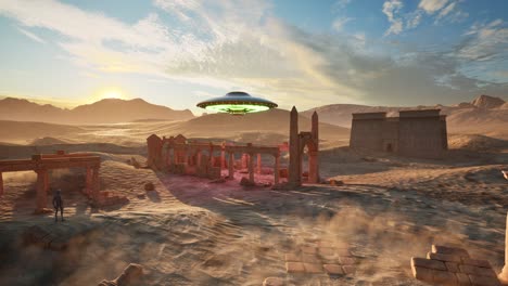 Ein-UFO,-Das-Bunte-Lichter-Wirft-Und-Bei-Sonnenuntergang-über-Antiken-Tempelruinen-In-Der-Wüste-Schwebt,-Mit-Einem-Außerirdischen,-Der-Untätig-Dasteht-Und-Schaut,-3D-Animation,-Animierte-Szenerie,-Kamera-Zoomt-Langsam-Heran