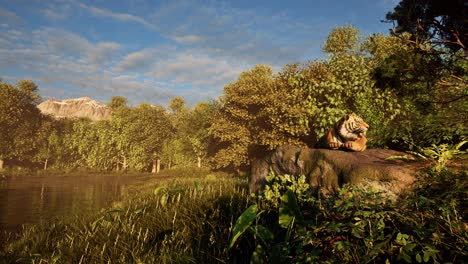 A-tiger-resting-on-a-rock-beside-a-river-inside-the-jungle-forest,-with-thick-vegetation-all-around,-3D-animation,-animated-scenery,-wildlife-animation,-camera-dolly-up