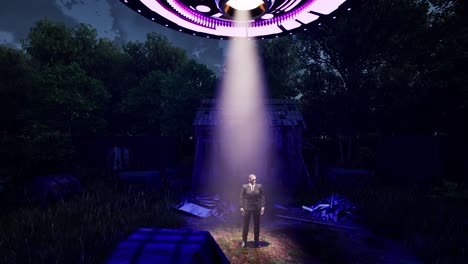 A-UFO-casting-colorful-lights,-hovering-above-a-man-in-black-standing-idle-on-a-forest-clearing,-3D-animation,-animated-scenery,-camera-zoom-out