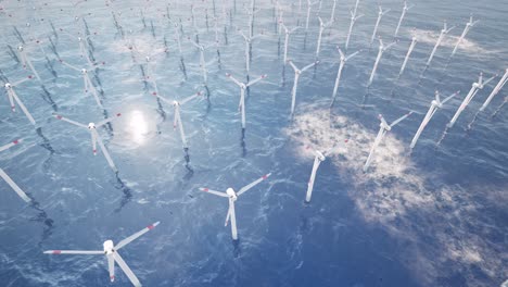 Offshore-wind-turbines-farm,-wind-turbines-farm-in-the-sea,-with-snowy-mountains-in-the-background,-3D-animation,-animated-scene,-top-view