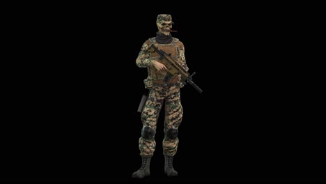 Ein-Skelettobersoldat-In-Militäruniform,-Der-Ein-Maschinengewehr-Hält-Und-Eine-Zigarre-Im-Mund-Hat,-Untätig-Auf-Schwarzem-Hintergrund-Stehend,-Mit-Alphakanal,-3D-Animation,-Animierter-Charakter