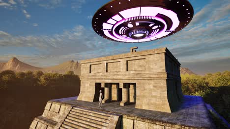Ein-UFO,-Das-Bunte-Lichter-Wirft-Und-Bei-Sonnenuntergang-über-Den-Ruinen-Alter-Maya-Tempel-Im-Dschungel-Schwebt,-Mit-Einem-Außerirdischen,-Der-Untätig-Dasteht-Und-Schaut,-3D-Animation,-Animierte-Szenerie,-Näher-Heranzoomende-Kamera