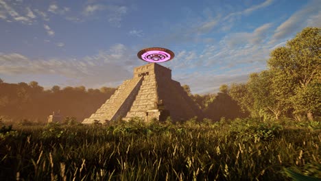 A-UFO-casting-colorful-lights,-hovering-above-ancient-Mayan-temple-ruins-in-the-jungle-on-sunset,-with-an-alien-standing-idle-and-looking,-3D-animation,-animated-scenery,-camera-zoom-in-from-below