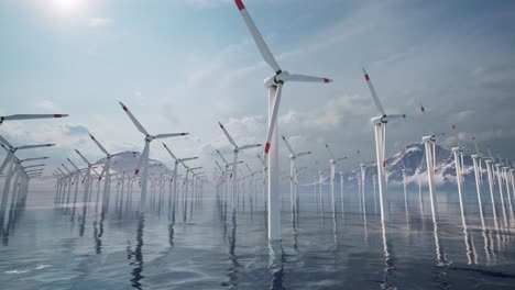 Offshore-wind-turbines-farm,-wind-turbines-farm-in-the-sea,-with-snowy-mountains-in-the-background,-3D-animation,-animated-scene,-camera-dolly-backwards