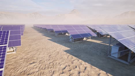 A-solar-park,-solar-farm,-photovoltaic-power-station-in-the-desert,-3D-animation,-animated-scenery,-camera-moving-backwards
