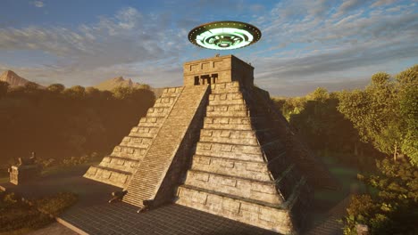 Ein-UFO,-Das-Bunte-Lichter-Wirft-Und-Bei-Sonnenuntergang-über-Den-Ruinen-Alter-Maya-Tempel-Im-Dschungel-Schwebt,-Mit-Einem-Außerirdischen,-Der-Untätig-Dasteht-Und-Schaut,-3D-Animation,-Animierte-Landschaft,-Panoramakamera-Zoom