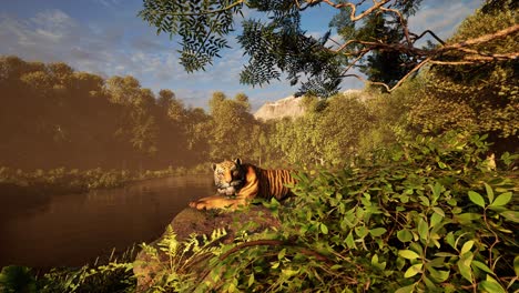 Ein-Tiger,-Der-Auf-Einem-Felsen-Neben-Einem-Fluss-Im-Dschungelwald-Ruht,-Mit-Dichter-Vegetation-Rundherum,-3D-Animation,-Animierte-Landschaft,-Tieranimation,-Kamerazoom