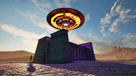Ein-UFO,-Das-Bunte-Lichter-Wirft-Und-Bei-Sonnenuntergang-über-Antiken-ägyptischen-Tempelruinen-In-Der-Wüste-Schwebt,-Mit-Einem-Außerirdischen,-Der-Untätig-Dasteht-Und-Schaut,-3D-Animation,-Animierte-Szenerie,-Kamera-Zoomt-Langsam-Heran