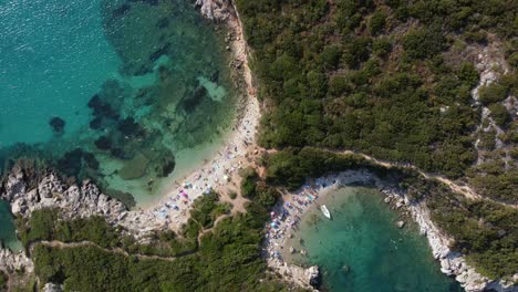 Aerial-view-of-Porto-Timoni-beach-in-the-island-of-Corfu,-Greece