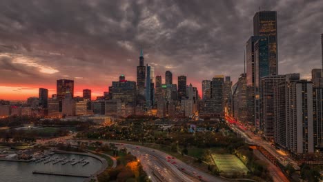 Chicago-sunset-hyperlapse-aerial-with-Lake-shore-drive-and-Millennium-Park