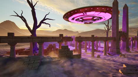 A-UFO-casting-colorful-lights,-hovering-above-ancient-temple-ruins-with-obelisks-in-the-desert-on-sunset,-with-an-alien-standing-idle-and-looking,-3D-animation,-animated-scenery,-camera-dolly-right