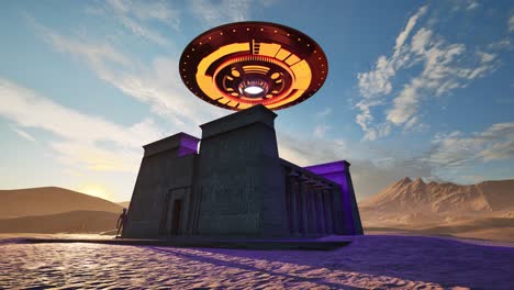 A-UFO-casting-colorful-lights,-hovering-above-ancient-egyptian-temple-ruins-in-the-desert-on-sunset,-with-an-alien-standing-idle-and-looking,-3D-animation,-animated-scenery,-camera-dolly-right