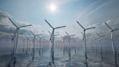 Offshore-wind-turbines-farm,-wind-turbines-farm-in-the-sea,-with-snowy-mountains-in-the-background,-3D-animation,-animated-scene,-camera-dolly-right