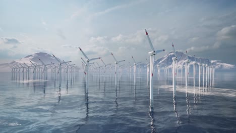 Offshore-wind-turbines-farm,-wind-turbines-farm-in-the-sea,-with-snowy-mountains-in-the-background,-3D-animation,-animated-scene,-camera-zoom-in-slowly