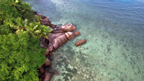 Bird-eye-drone-shot-of-Indian-ocean,-granite-rocks,-trees-and-turquoise-water-on-the-baie-lazare-shore,-Mahe-Seychelles-30-fps