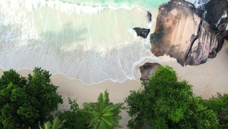 Bird-eye-drone-shot-of-white-sandy-beach,-large-granite-stone,-coconut-palm-trees-and-waves-crashing-on-the-shore,-Mahe-Seychelles-60-fps