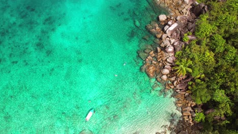 Drone-of-Anse-major-beach,-bird-eye-flying-over-4-tourist-snorkelling-near-boat,-granite-stones,-turquoise-water-and-white-sandy-beach,-Mahe-Seychelles-30-fps