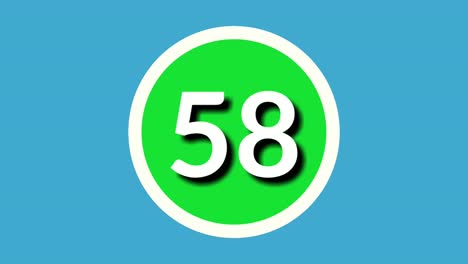 Nummer-58-Achtundfünfzig-Zeichen-Symbol-Animationsgrafiken-Auf-Grüner-Kugel-Auf-Blauem-Hintergrund,-4K-Cartoon-Videonummer-Für-Videoelemente