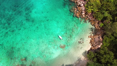 Drone-of-Anse-major-beach,-bird-eye-flying-over-4-tourist-snorkelling-near-boat,-granite-stones,-turquoise-water-and-white-sandy-beach,-Mahe-Seychelles-30-fps-1