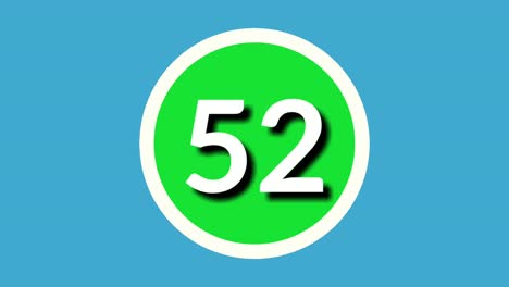 Nummer-52-Zweiundfünfzig-Zeichensymbol-Animationsgrafiken-Auf-Grüner-Kugel-Auf-Blauem-Hintergrund,-4K-Cartoon-Videonummer-Für-Videoelemente
