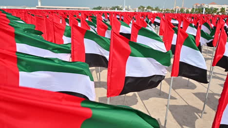 VAE-Flaggen-Werden-Im-Flaggengarten-Ausgestellt,-Um-Den-Tag-Der-VAE-Flagge-Zu-Feiern,-Der-Sich-Am-öffentlichen-Strand-Von-Jumeirah-In-Dubai,-Vereinigte-Arabische-Emirate,-Befindet